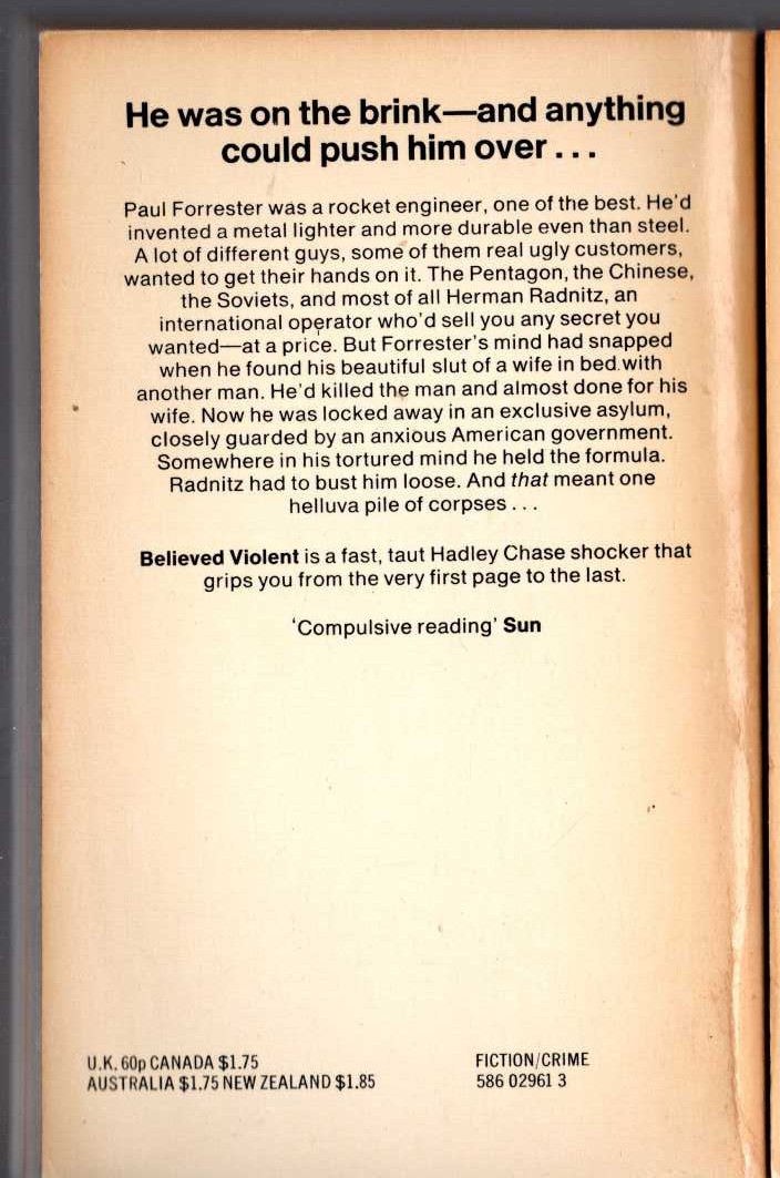 James Hadley Chase  BELIEVED VIOLENT magnified rear book cover image