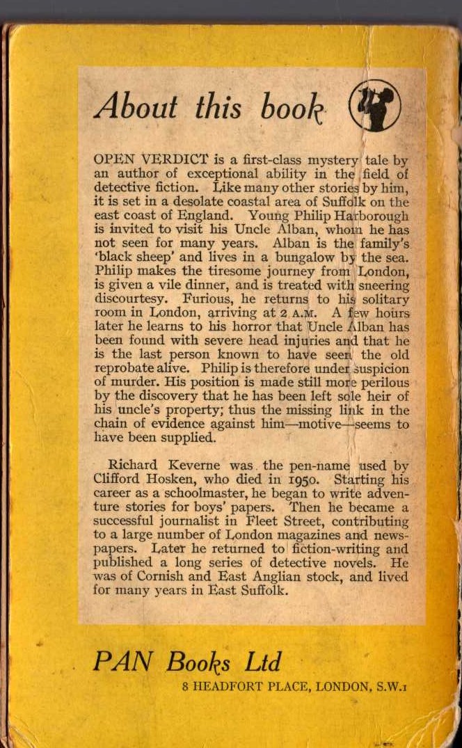 Richard Keverne  OPEN VERDICT magnified rear book cover image