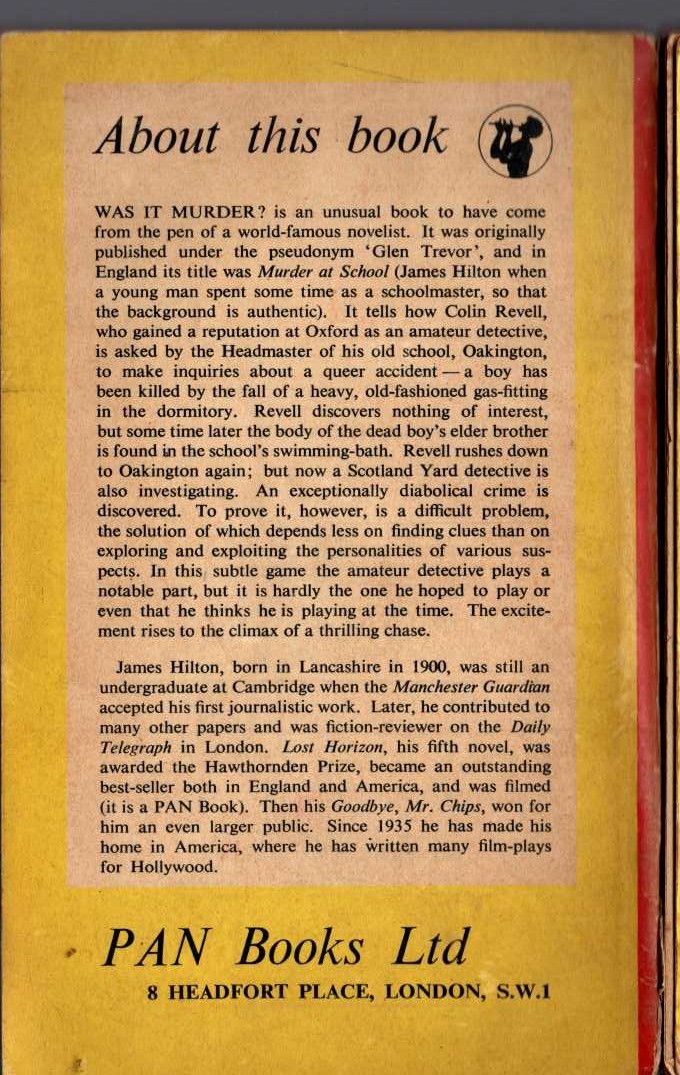James Hilton  WAS IT MURDER? magnified rear book cover image