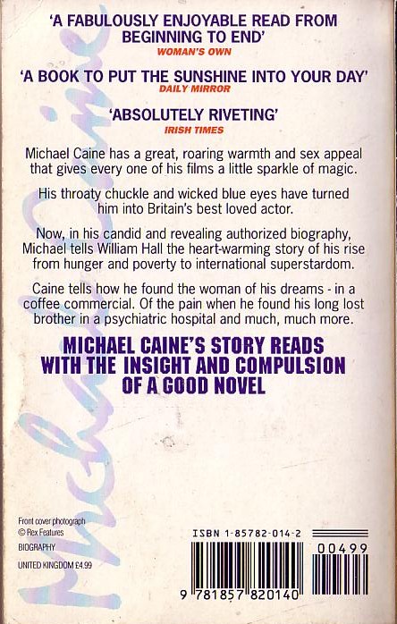 William Hall  RAISING CAINE (Michael Caine authorized biography) magnified rear book cover image