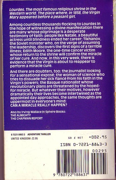 Irving Wallace  THE MIRACLE magnified rear book cover image