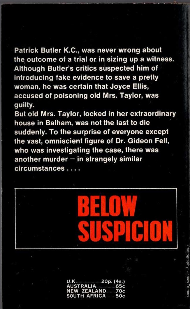John Dickson Carr  BELOW SUSPICION magnified rear book cover image