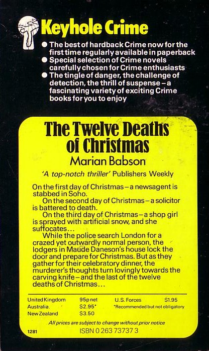 Marian Babson  THE TWELVE DEATHS OF CHRISTMAS magnified rear book cover image
