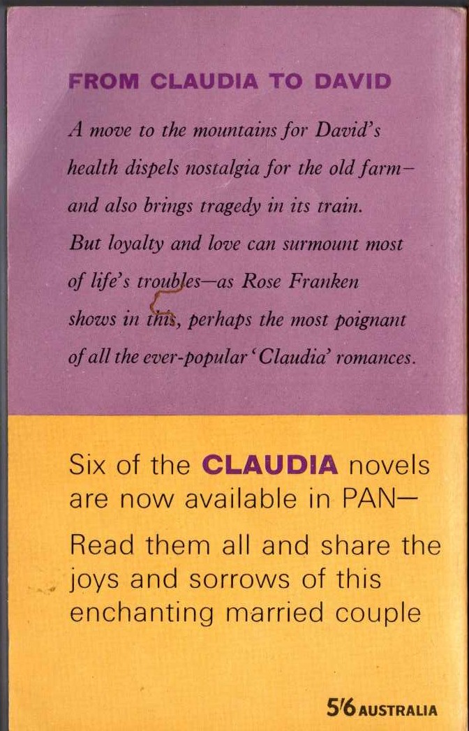 Rose Franken  FROM CLAUDIA TO DAVID magnified rear book cover image