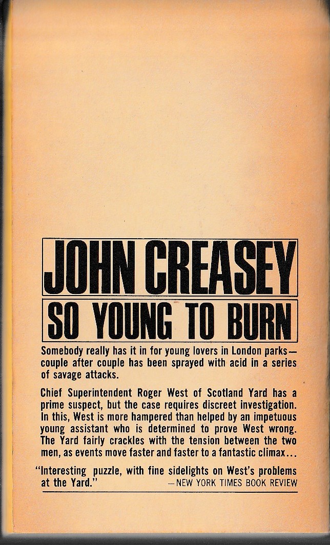 John Creasey  SO YOUNG TO BURN (Roger West) magnified rear book cover image