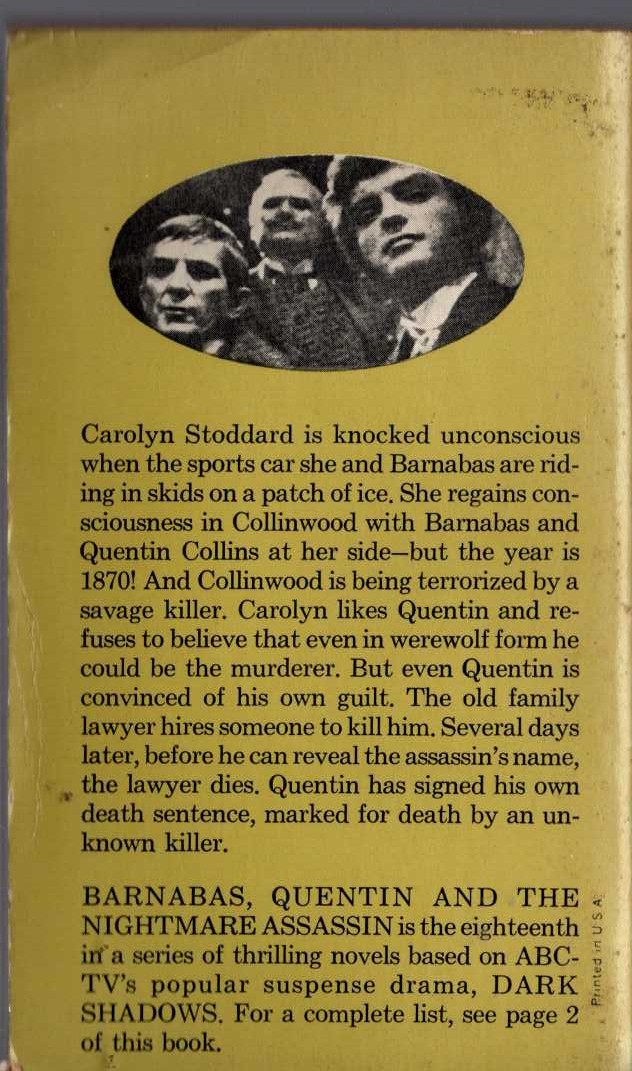 Marilyn Ross  BARNABAS, QUENTIN AND THE NIGHTMARE ASSASSIN magnified rear book cover image