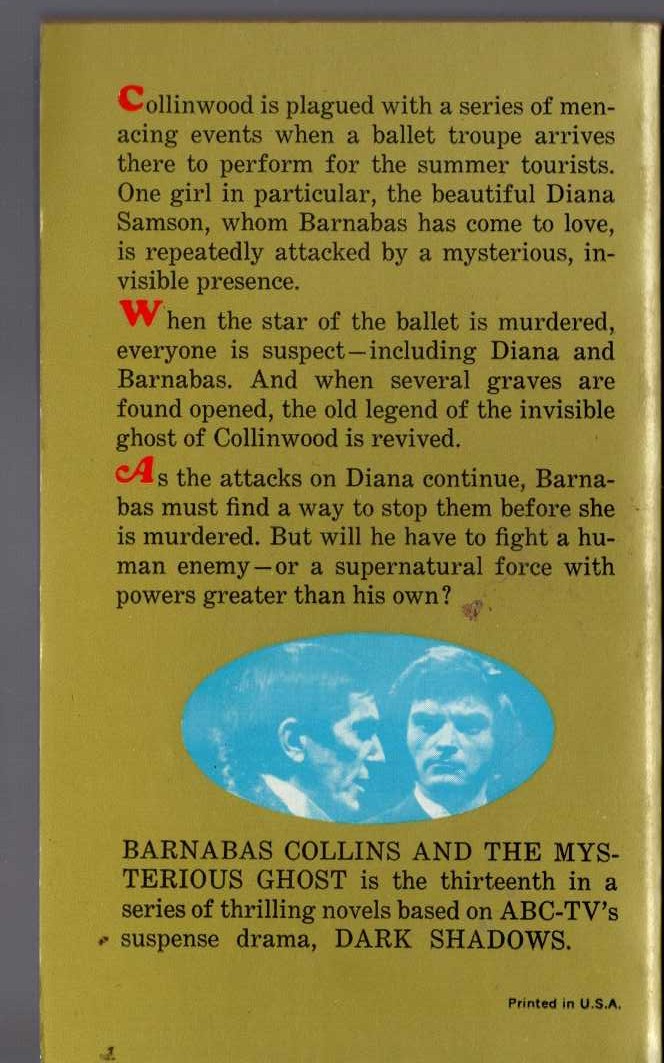 Marilyn Ross  BARNABAS COLLINS AND THE MYSTERIOUS GHOST magnified rear book cover image