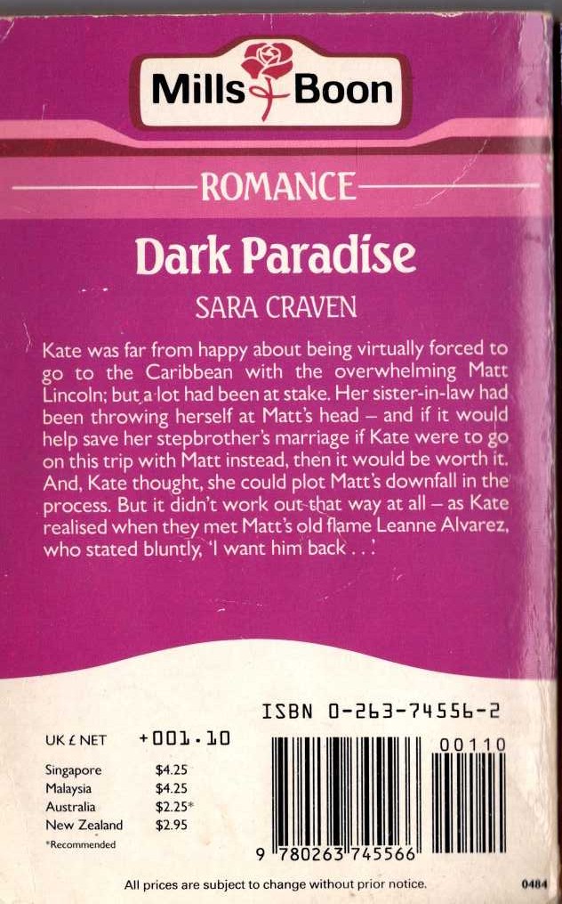 Sara Craven  DARK PARADISE magnified rear book cover image
