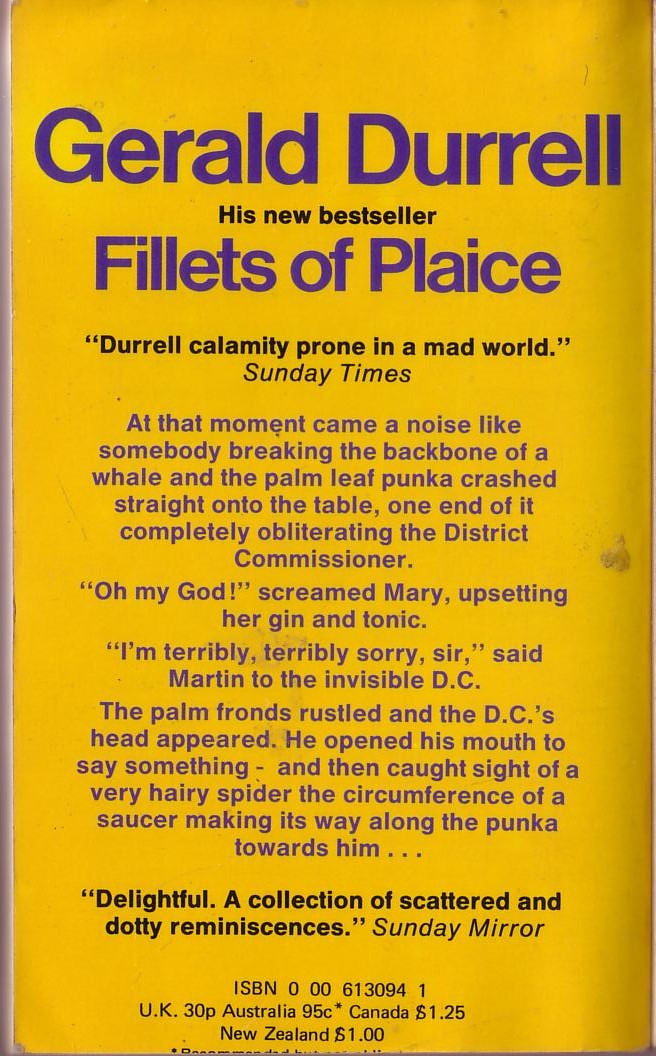 Gerald Durrell  FILLETS OF PLAICE magnified rear book cover image