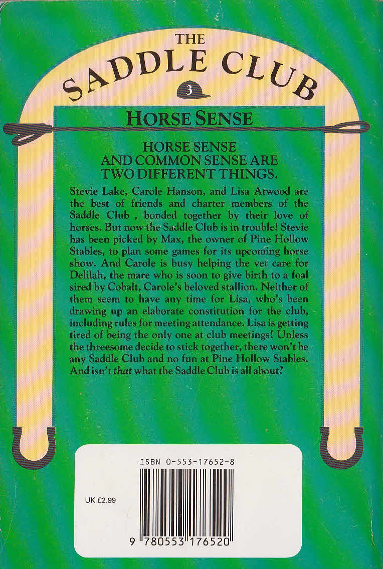Bonnie Bryant  THE SADDLE CLUB 3: Horse Sense magnified rear book cover image