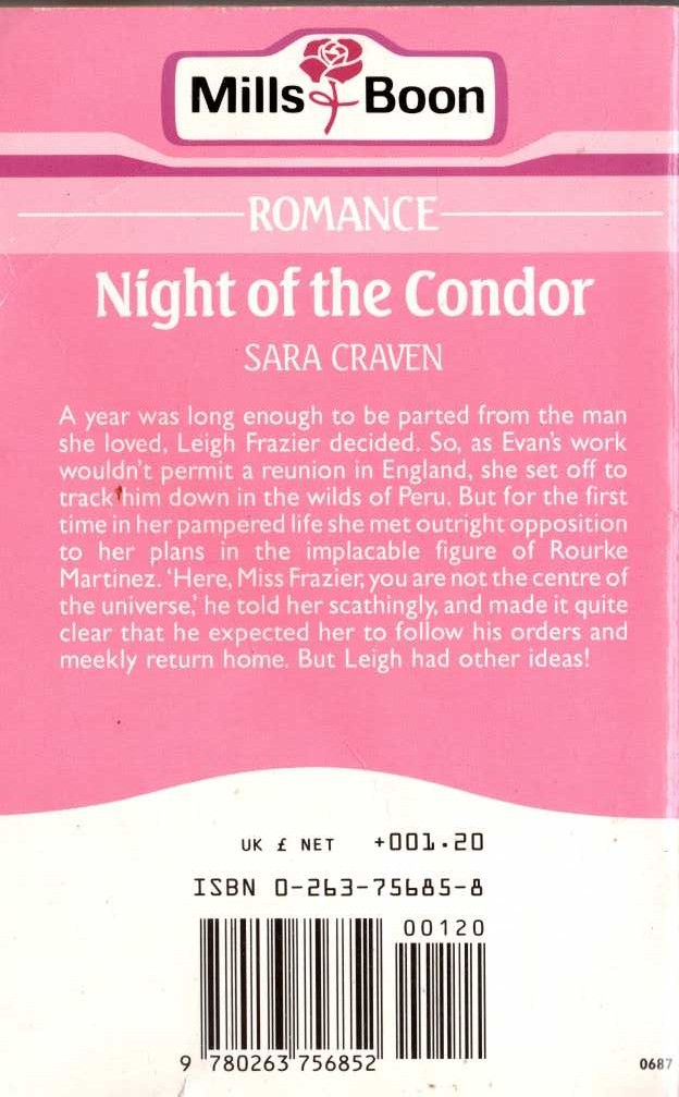 Sara Craven  NIGHT OF THE CONDOR magnified rear book cover image