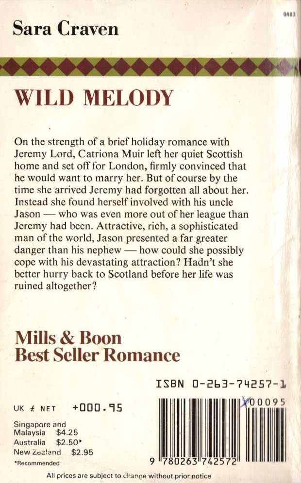 Sara Craven  WILD MELODY magnified rear book cover image