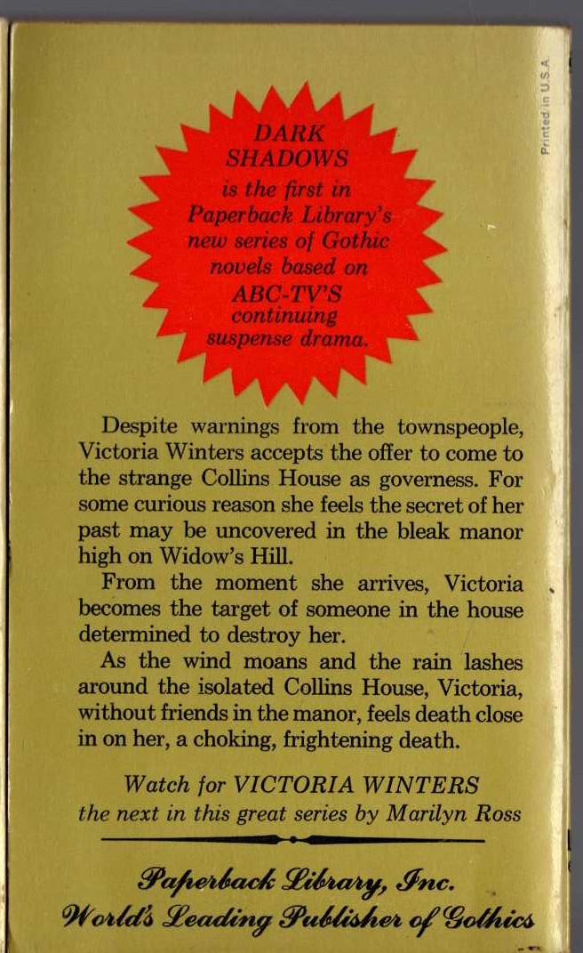 Marilyn Ross  DARK SHADOWS magnified rear book cover image