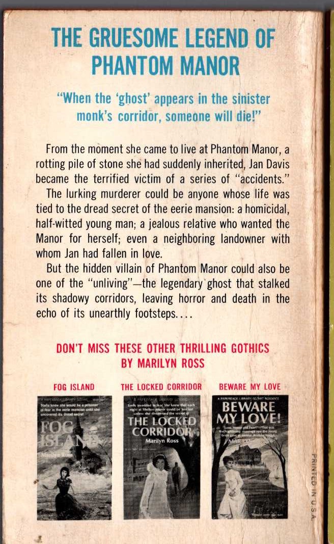 Marilyn Ross  PHANTOM MANOR magnified rear book cover image