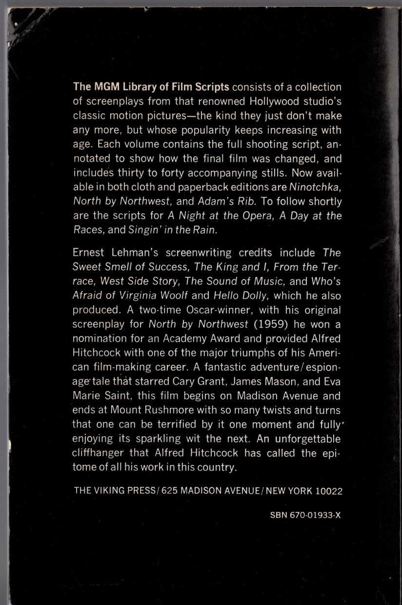 Ernest Lehman  NORTH BY NORTHWEST (Film script) magnified rear book cover image