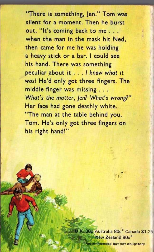 Malcolm Saville  MAN WITH THREE FINGERS magnified rear book cover image
