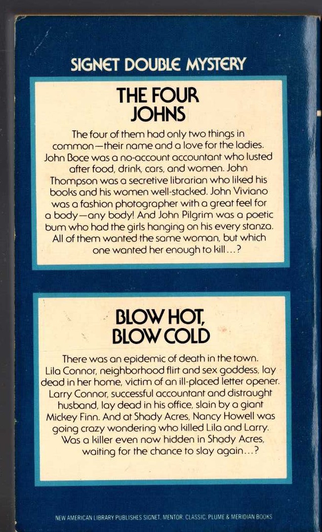 Ellery Queen  THE FOUR JOHNS and BLOW HOT, BLOW COLD magnified rear book cover image