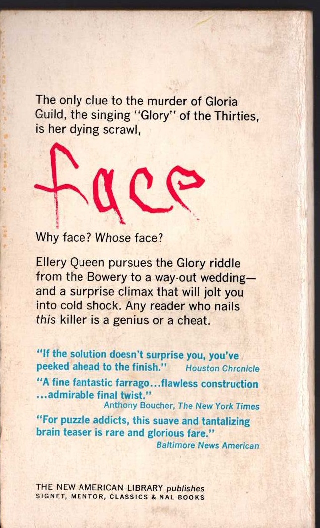 Ellery Queen  FACE TO FACE magnified rear book cover image