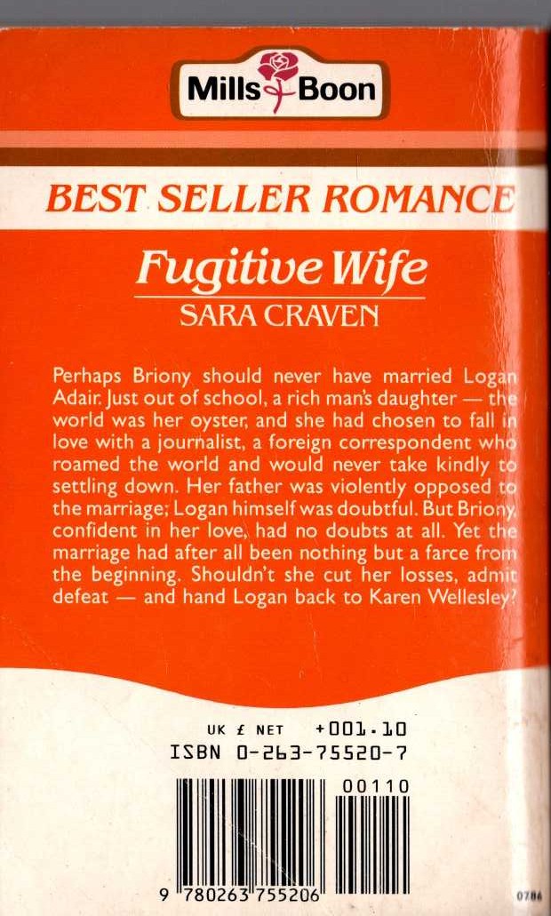Sara Craven  FUGITIVE WIFE magnified rear book cover image