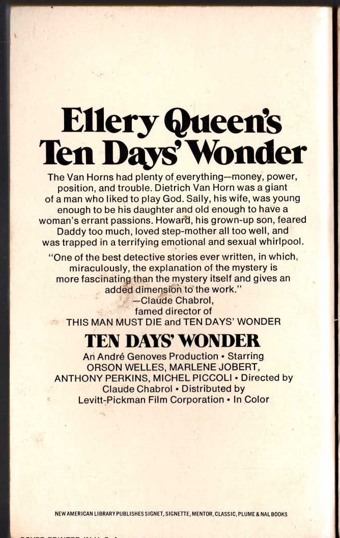 Ellery Queen  TEN DAYS' WONDER (Film tie-in) magnified rear book cover image