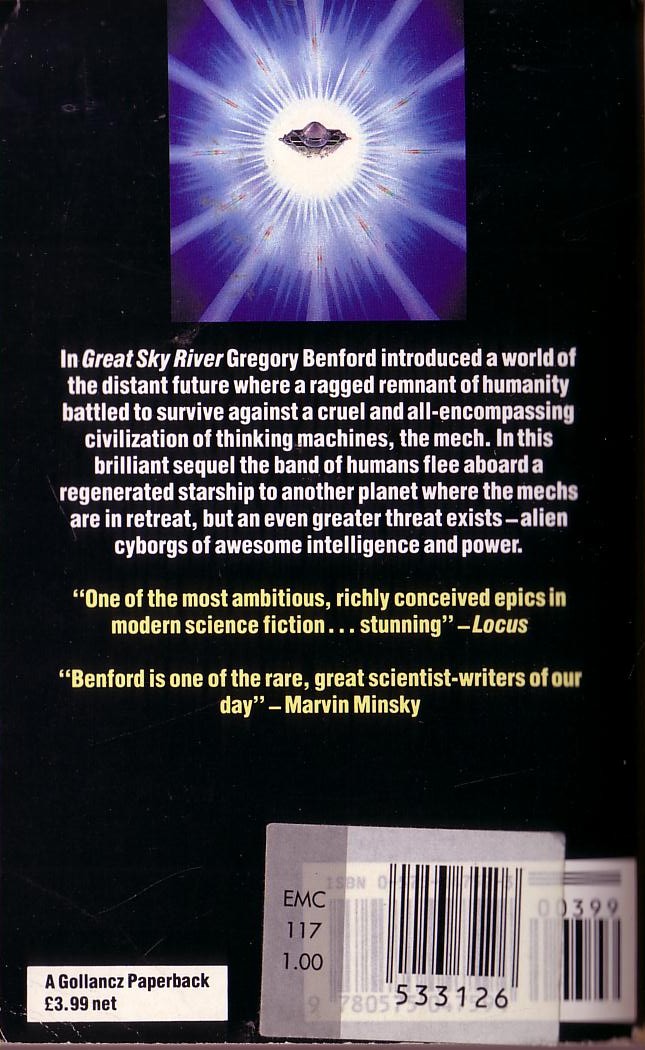 Gregory Benford  TIDES OF LIGHT magnified rear book cover image