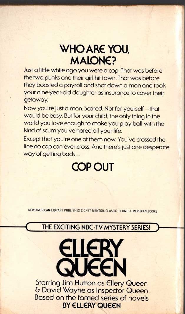 Ellery Queen  COP OUT magnified rear book cover image