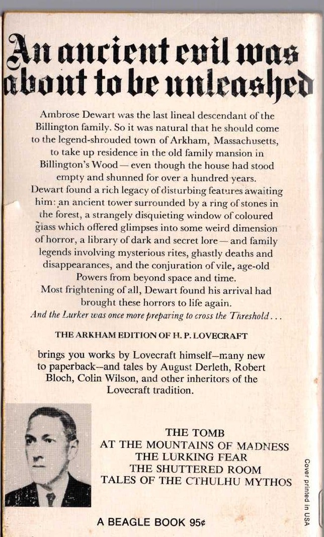 (H.P.Lovecraft & August Derleth) THE LURKER AT THE THRESHOLD magnified rear book cover image