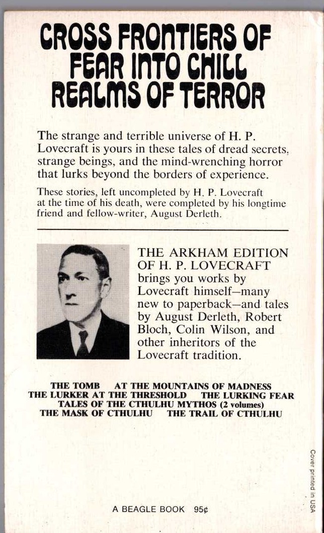 H.P. Lovecraft  THE SHUTTERED ROOM and other tales of horror magnified rear book cover image