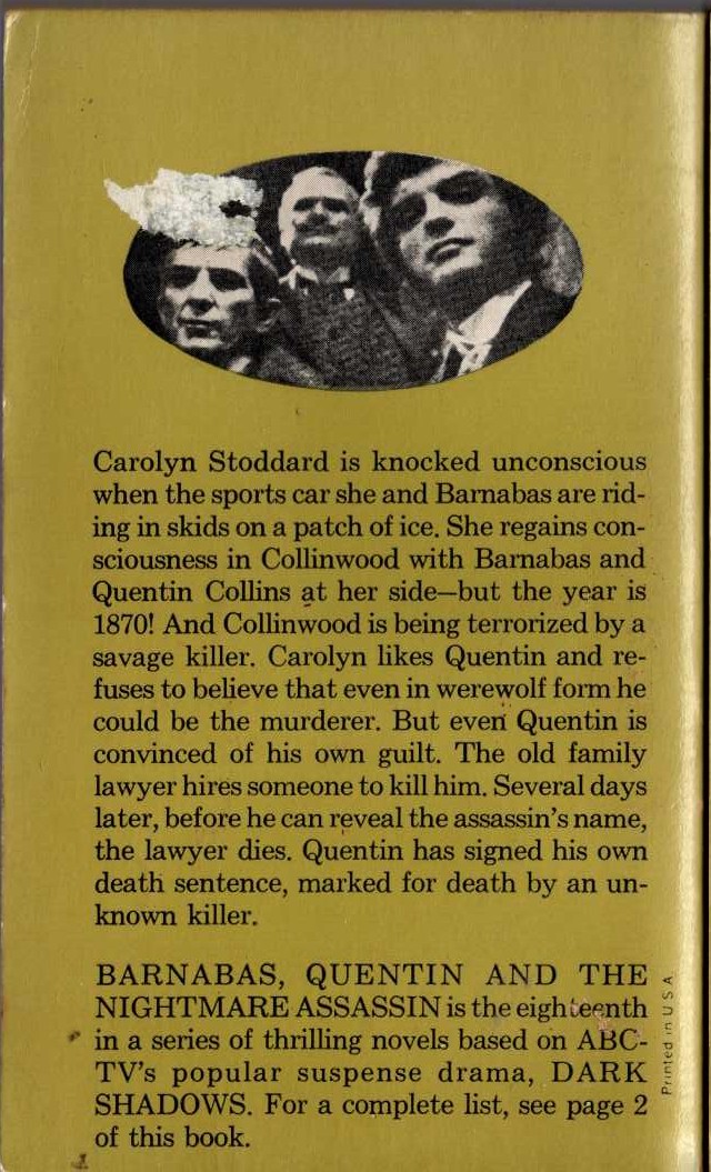 Marilyn Ross  BARNABAS, QUENTIN AND THE NIGHTMARE ASSASSIN magnified rear book cover image