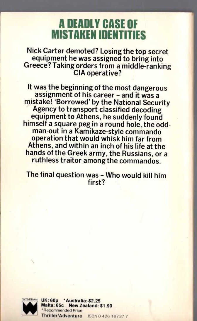Nick Carter  THE ULTIMATE CODE magnified rear book cover image