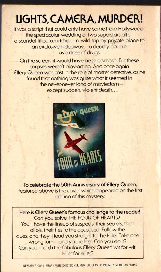 Ellery Queen  THE FOUR OF HEARTS magnified rear book cover image