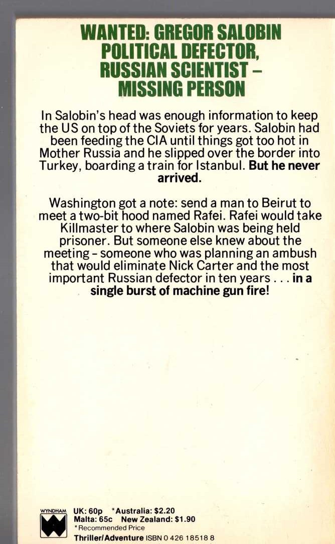 Nick Carter  THE TURNCOAT magnified rear book cover image