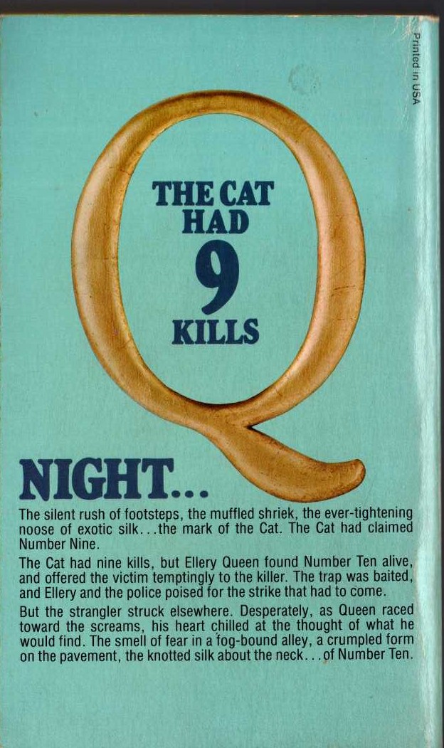 Ellery Queen  CAT OF MANY TALES magnified rear book cover image