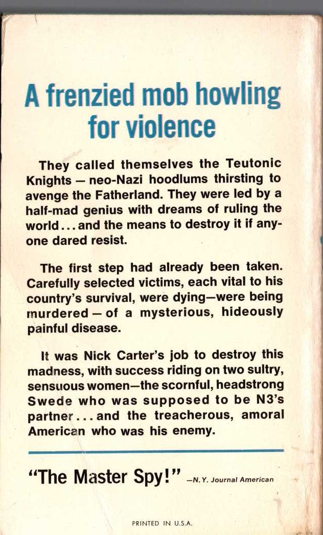 Nick Carter  THE BRIGHT BLUE DEATH magnified rear book cover image