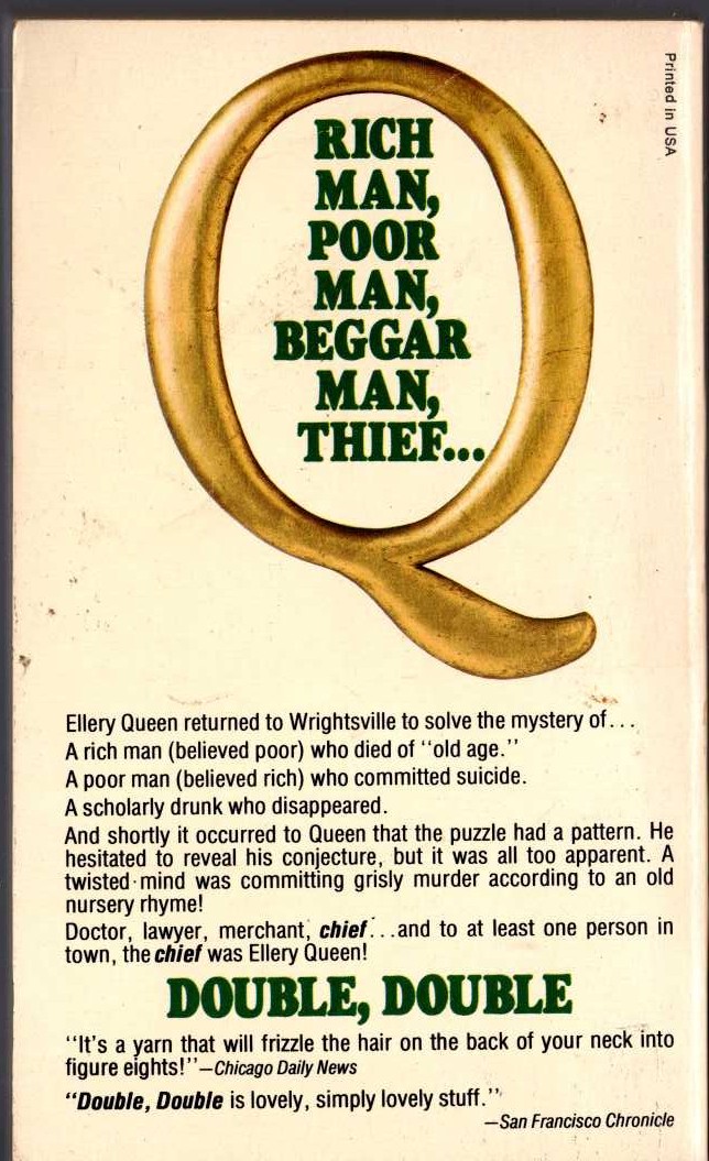 Ellery Queen  DOUBLE, DOUBLE magnified rear book cover image