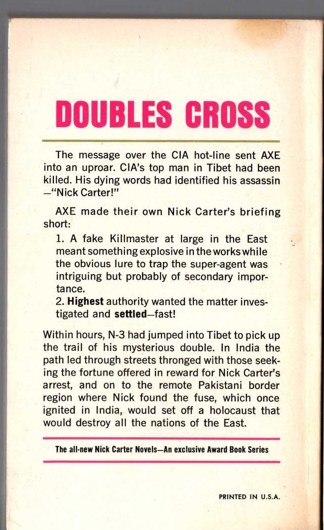 Nick Carter  DOUBLE IDENTITY magnified rear book cover image