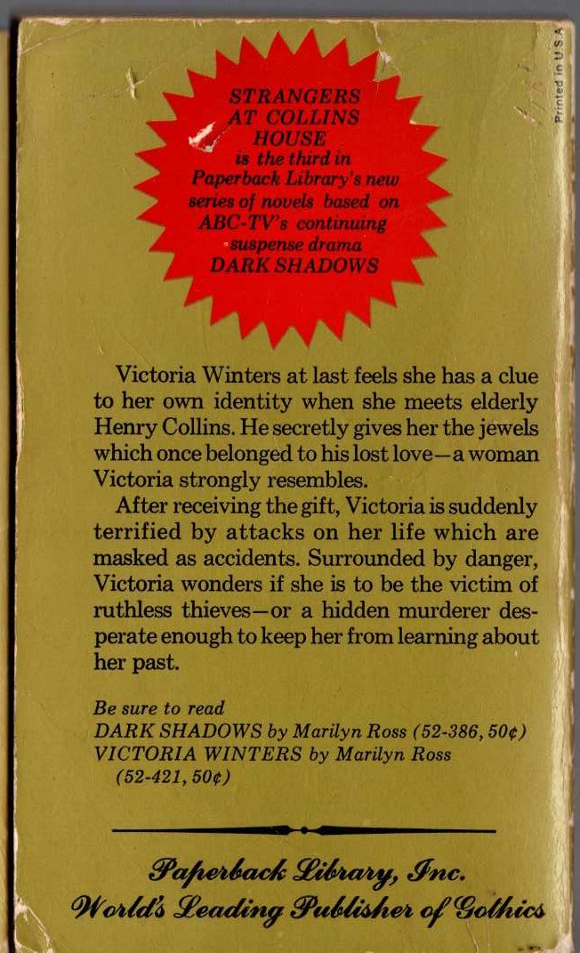 Marilyn Ross  STRANGERS AT COLLINS HOUSE magnified rear book cover image