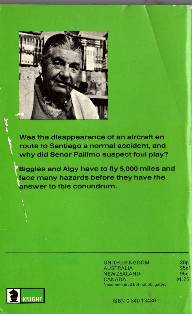 Captain W.E. Johns  BIGGLES AND THE LITTLE GREEN GOD magnified rear book cover image