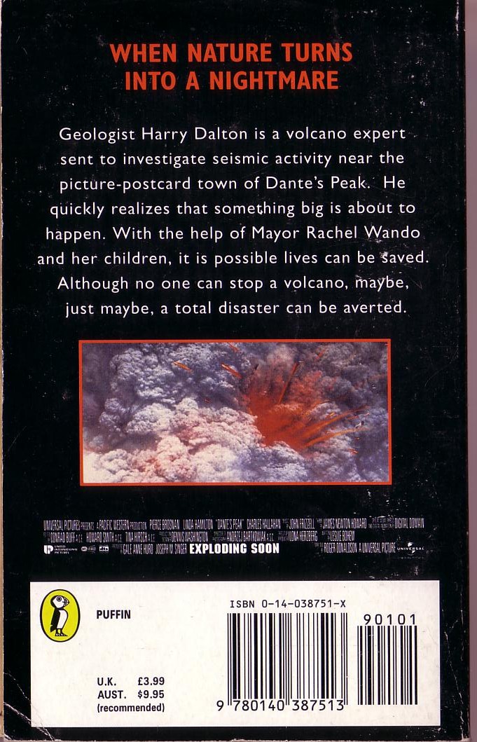 Dewey Gram  DANTE'S PEAK (Pierce Brosnan & Linda Hamilton) magnified rear book cover image
