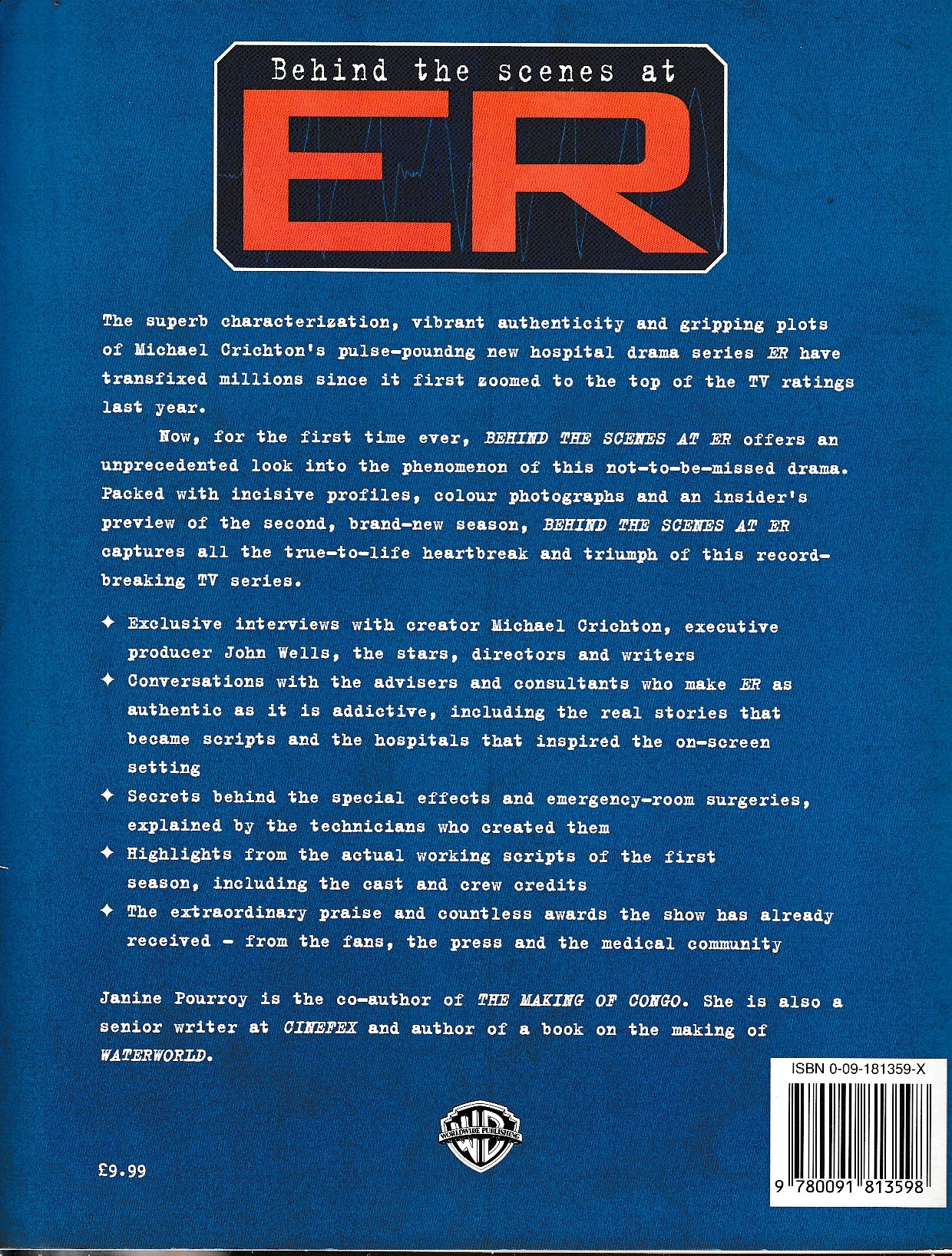 Janine Pourroy  BEHIND THE SCENES AT ER (Guide to Michael Crichton's hit hospital drama series) magnified rear book cover image