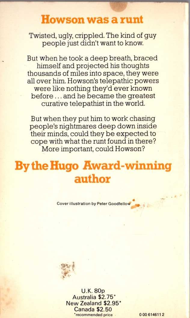 John Brunner  TELEPATHIST magnified rear book cover image