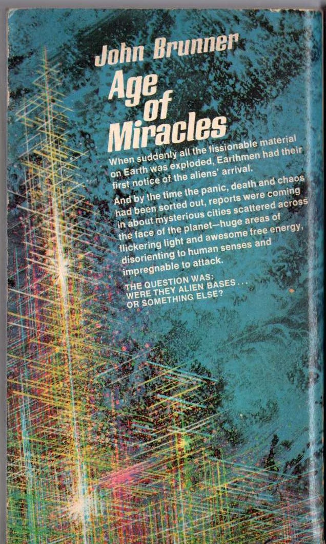 John Brunner  AGE OF MIRACLES magnified rear book cover image