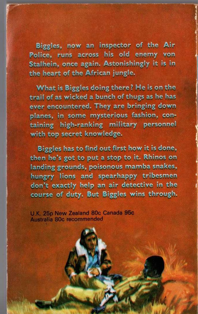 Captain W.E. Johns  NO REST FOR BIGGLES magnified rear book cover image