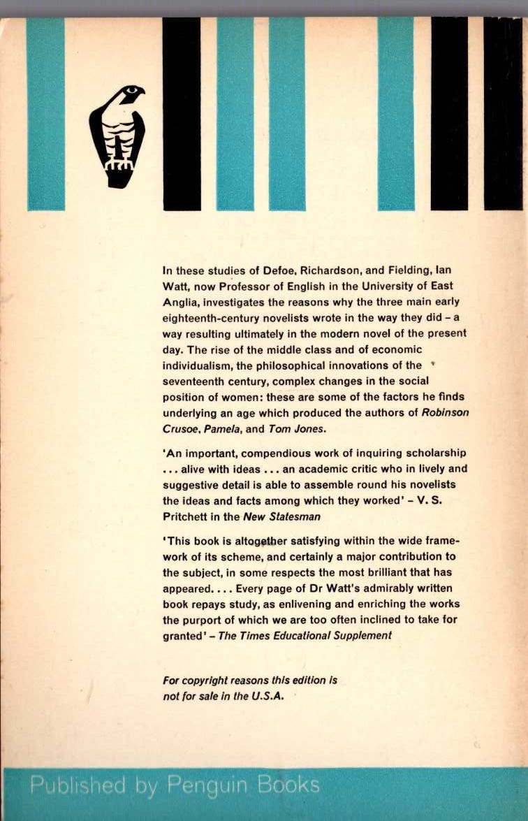 Ian Watt  THE RISE OF THE NOVEL magnified rear book cover image