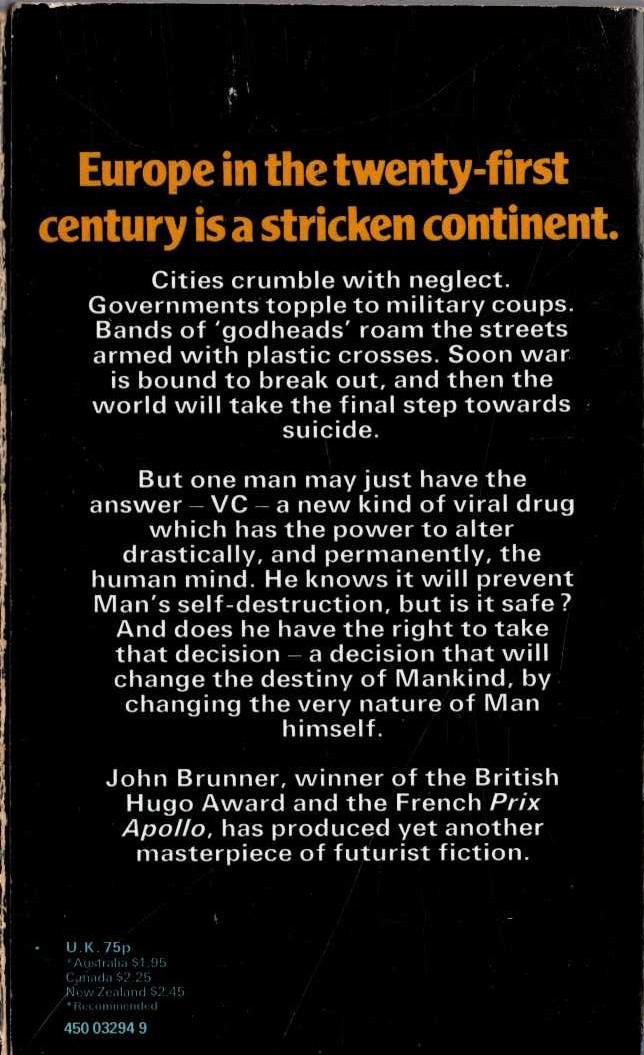 John Brunner  THE STONE THAT NEVER CAME DOWN magnified rear book cover image