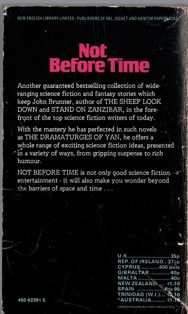 John Brunner  NOT BEFORE TIME magnified rear book cover image