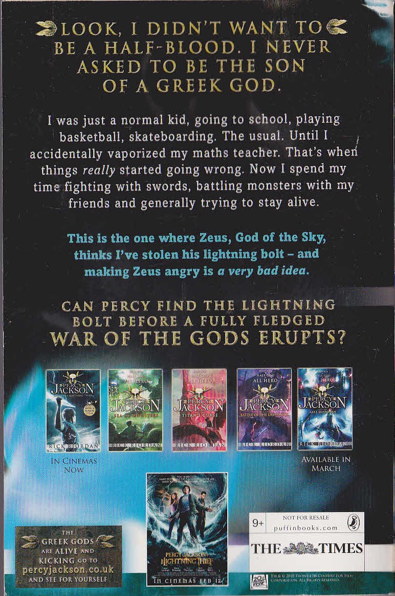 Rick Riordan  PERCY JACKSON AND THE LIGHTNING THIEF magnified rear book cover image