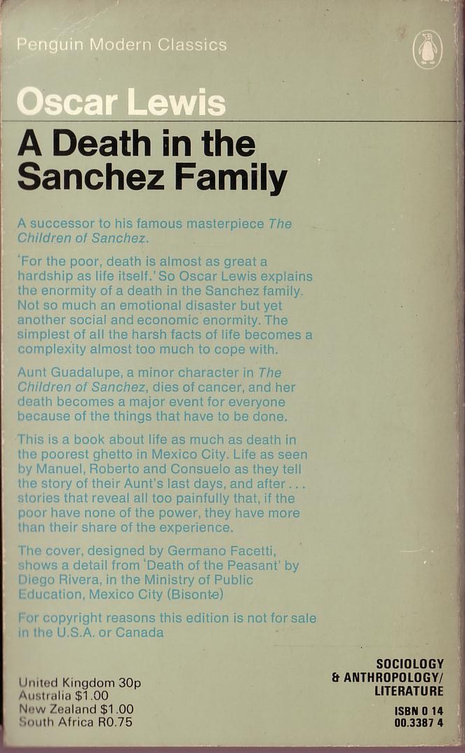 Oscar Lewis  A DEATH IN THE SANCHEZ FAMILY magnified rear book cover image