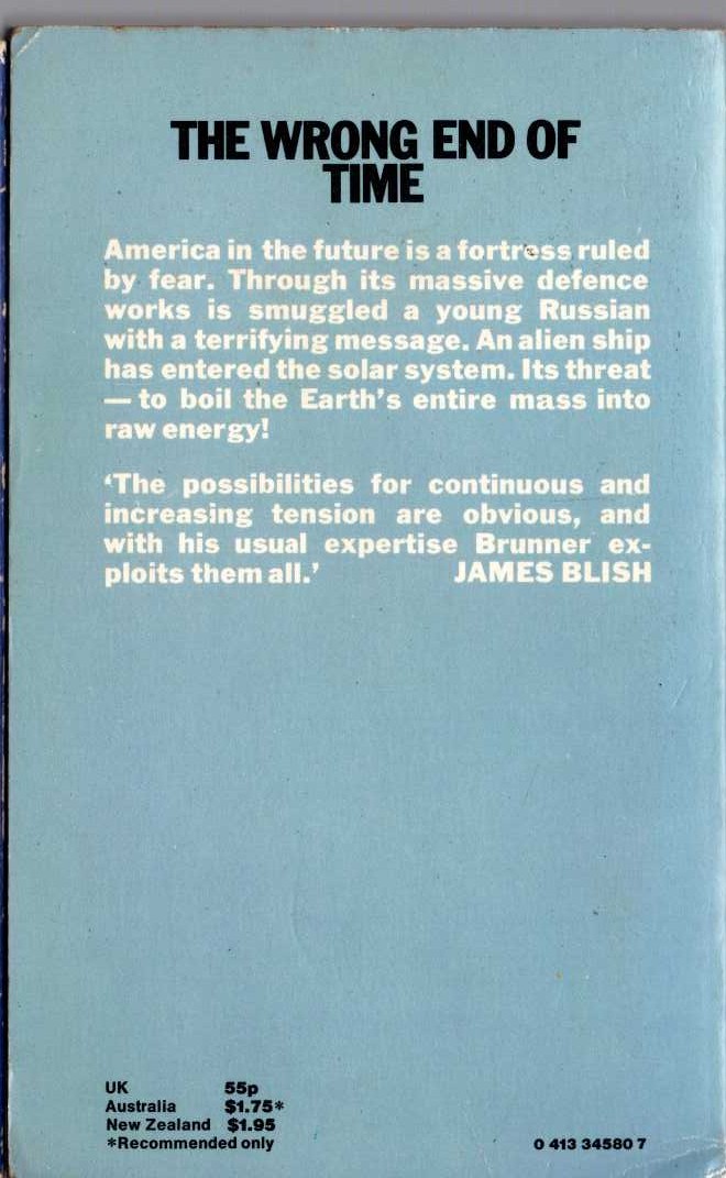 John Brunner  THE WRONG END OF TIME magnified rear book cover image