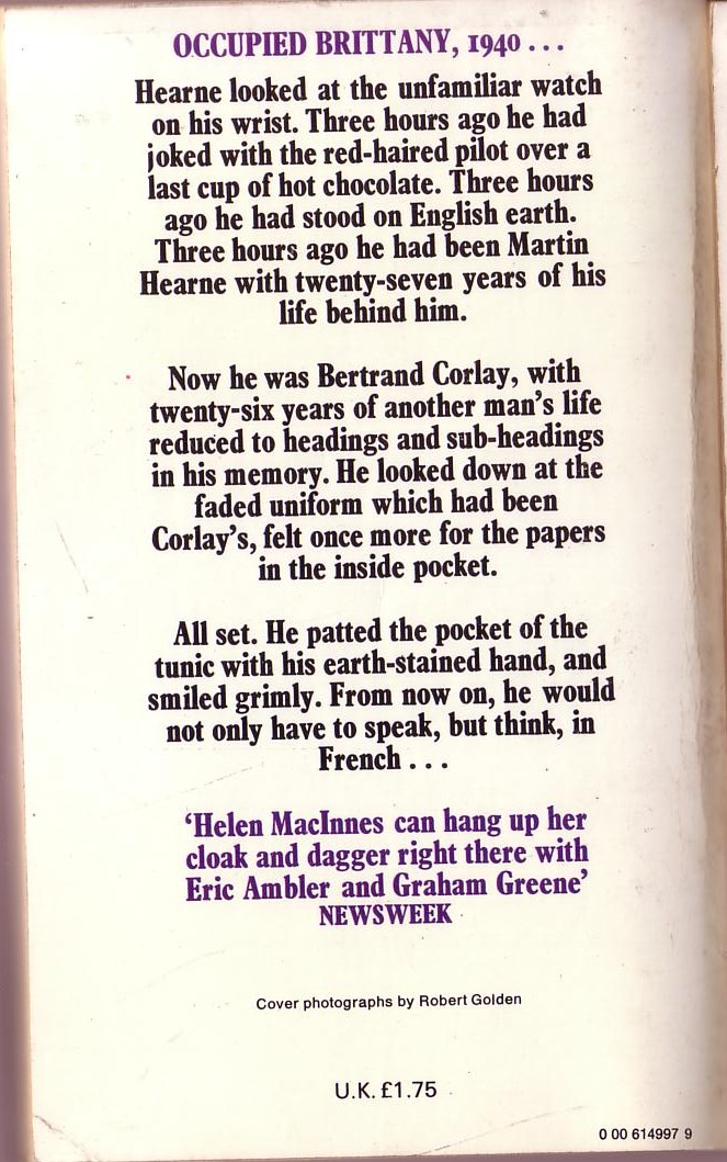 Helen MacInnes  ASSIGNMENT IN BRITTANY magnified rear book cover image